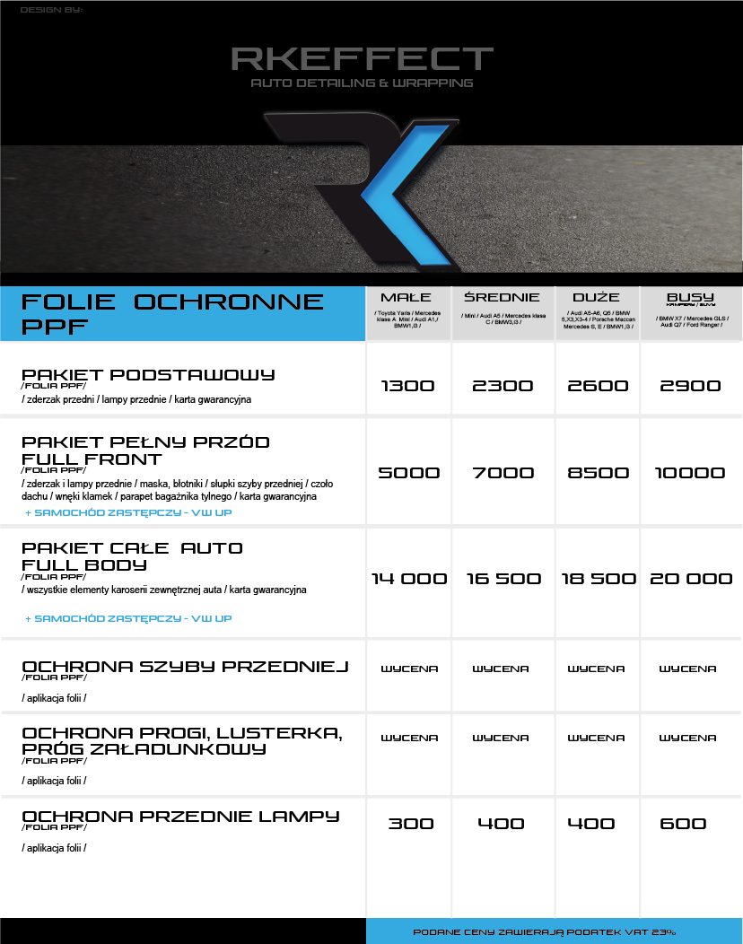 Cennik Folie ochronne PPF